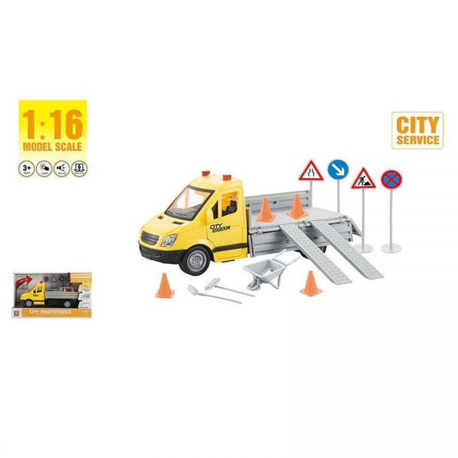 Спецтехніка WY 593 A (24) звуки транспорту, підсвічування, інерція, масштаб 1:16, гумові шини, двері відчиняються, відкидний кузов, дорожні знаки, конуси, в коробці
